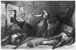 Heroine Gallery: Miss Wheeler defending herself against the Sepoys at Cawnpore, 1857, (c1860)