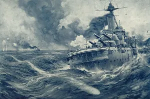Missed! U Boats Torpedo Passes Beyond the Stern of British War Vessel, 1916. Creator: Unknown