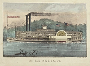 Paddle Steamers Prints: On the Mississippi, 1869. Creators: Nathaniel Currier, James Merritt Ives