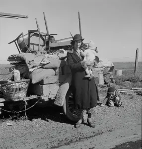 Possessions Prints: Missouri family of five, seven months from the drought area, 1937. Creator: Dorothea Lange