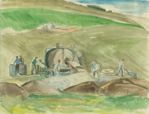 Wheelbarrow Prints: At the mixer, 1950. Creator: Bedrich Hoffstadter