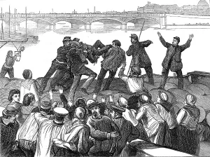 Rioters Prints: Mob of Paris rioters drowning a police agent, 1871. Creator: Unknown