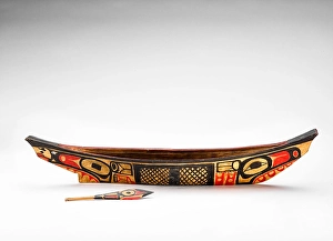 Alaska Prints: Model canoe with paddle, 1850-1886. Creator: Unknown