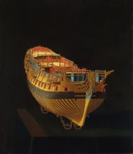 Hull Prints: Model of a Ship, Bow View, 1740. Creator: Anon