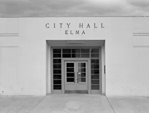 Glass Gallery: Modern building adjoining power company... Elma, Grays Harbor County, Western Washington, 1939