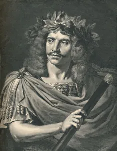 Poquelin Prints: Moliere as Julius Caesar in the Tragedy of Pompee, (1886). Artist: Henri Thiriat