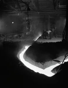 Steelworker Prints: Molten steel being channelled at the Stanton Steel Works, Ilkeston, Derbyshire, 1962