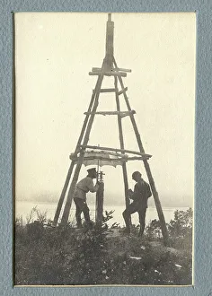 Vladimir Ivanovich Fedorov Prints: The moment of carrying out triangulation measurements under a tower on the river bank