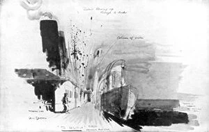 The moment a torpedo from German submarine U-20 hit the RMS Lusitania, 7 May 1915, (1926). Artist: Oliver Bernard