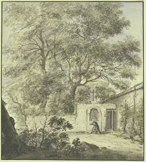 Worship Prints: Monastery courtyard with a praying monk, c1630-1686. Creator: Pieter Moninckx
