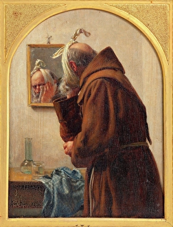 Habit Prints: A monk examines himself in a mirror, 1875. Creator: Carl Bloch