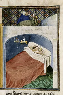 Decameron Gallery: The monk sleeps with the wife while the husband is praying, 1460s. Creator: Anonymous