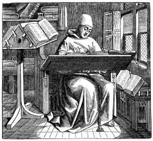 Monk at work on a manuscript in the corner of a scriptorium, 15th century Monk at work on a manuscript in the corner of a scriptorium, 15th century