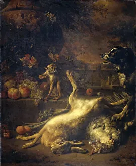 A Monkey and a Dog with Dead Game and Fruit, 1704. Creator: Jan Weenix