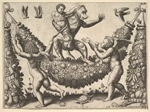 Rafaello Sanzio Gallery: A monkey holding a bound putto standing on a garland in front of which are two winged p