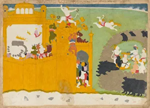 The Monkey Leader Angada Steals Ravanas Crown from His Fortress..., ca. 1725. Creator: Manaku The Monkey Leader Angada Steals Ravanas Crown from His Fortress..., ca. 1725. Creator: Manaku