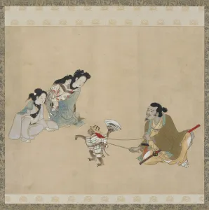 Monkey trainer and monkey performing a dance, Edo period, late 17th century Monkey trainer and monkey performing a dance, Edo period, late 17th century
