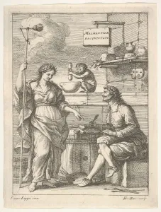Pestle And Mortar Prints: A monkey working a mortar and pestle, below Lorenzo Lippi (?) writing his humorous
