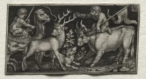 Monkeys Riding a Camel and a Bull, 1594. Creator: Nicolaes de Bruyn (Netherlandish, 1571-1656); A Monkeys Riding a Camel and a Bull, 1594. Creator: Nicolaes de Bruyn (Netherlandish, 1571-1656); A