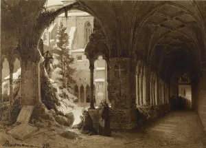 Sepia On Paper Prints: Monks at Prayer in a Cloister, 1834. Creator: Karl Eduard Biermann