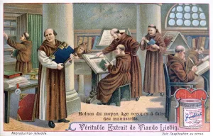 Habit Prints: Monks at work on manuscripts in a scriptorium, c1900
