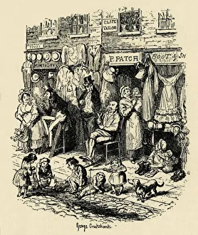 Charles Henry Bourne Quennell Collection: Monmouth Street, Soho, an illustration by G. Cruikshank for Dickens Sketches by Boz