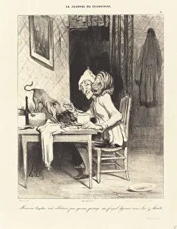 Luncheon Prints: Monsieur Coquelet... partage son... déjeuner, 1839. Creator: Honore Daumier