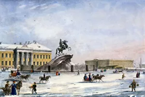 Monument of Peter the Great in the Senate Square of St Petersburg, Russia, winter, 1822