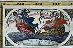 Arrow Prints: The moon, colored engraving from the book Le Theatre du monde or Nouvel Atlas