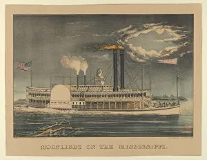 Currier And Ives Prints: Moonlight on the Mississippi, 1872-74. 1872-74. Creators: Nathaniel Currier