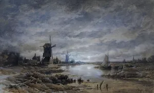Watercolor On Paper Prints: Moonlit night (canal landscape with windmills and ships)