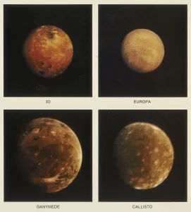 Jupiter Prints: Four moons of Jupiter. Io, Europa, Ganymede and Callisto, 1979