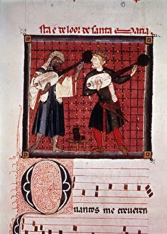 Moor and Christian playing the lute, miniature in the Music book from the Cantigas