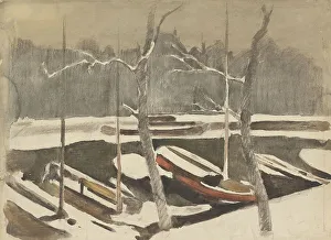 Sailing Barge Prints: Moored barges on a snowy canal, 1870-1923. Creator: Willem Witsen