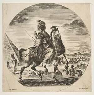 Moorish horseman in profile facing right, in the background a pyramid at left, many fi