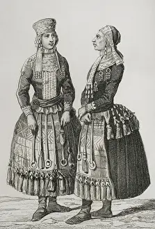 Mordvin women wearing traditional costumes, 1839. Creator: Augustin Francois Lemaitre