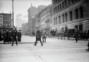 Morgan J P Sr Prints: Morgan funeral - police guard Stuyvesant Sq. 1913. Creator: Bain News Service