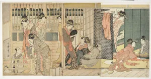 Morning Parting at the Temporary Lodgings of the Pleasure Quarter, 1801. Artist: Utamaro, Kitagawa (1753-1806) Morning Parting at the Temporary Lodgings of the Pleasure Quarter, 1801. Artist: Utamaro, Kitagawa (1753-1806)