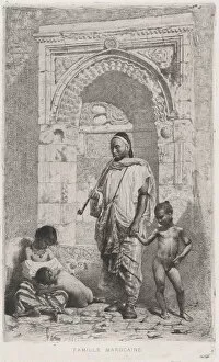 A Moroccan family in front of an arch, father standing, mother lower left on the ground ho... 1862