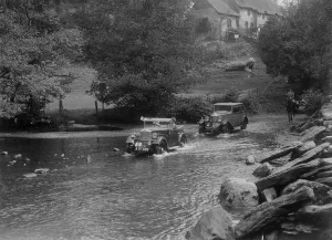 Morris Minor and officials Riley Monaco, Mid Surrey AC Trial, Tarr Steps, Exmoor, Somerset, 1934