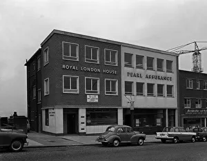 Rotherham Prints: Morris Minor and a Triumph Herald outside the Royal Insurance Building