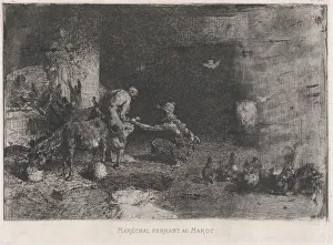 Mules Collection: A Morrocan farrier at left accompanied by another figure attending to the hoof of a... ca. 1860-70