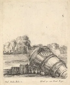 A mortar without a carriage lying on the ground to the right, soldiers firing canno A mortar without a carriage lying on the ground to the right, soldiers firing canno