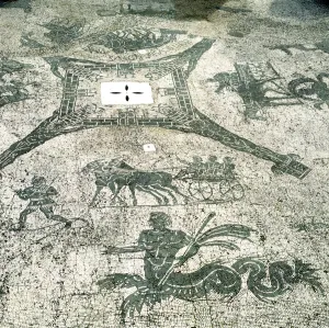 Muleteer Prints: Mosaic, Carts pulled by mules with travellers, Cisarii. c1st Century
