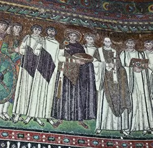 Byzantine Gallery: Mosaic of the Emperor Justinian and his court, 6th century