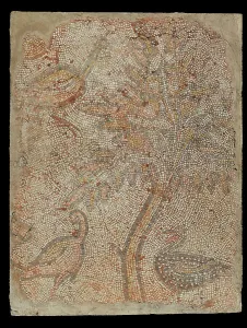 Fragments Prints: Mosaic Fragment with Three Birds and a Tree, 5th-6th century. Creator: Unknown