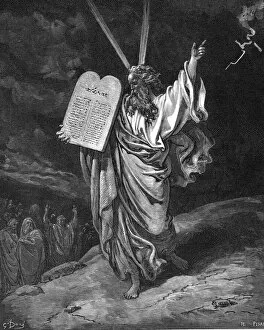 Moses descending from Mount Sinai with the tablets of the law (Ten Commandments), 1866. Artist: Gustave Dore