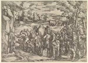 Veneziano Battista Franco Gallery: Moses Drawing Water from the Rock, at left with water flowing, various figures