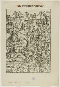 Moses Found by Pharaoh's Daughter (recto) and Judas's Betrayal (verso), pages 53... 1491. Creator: Michael Wolgemut