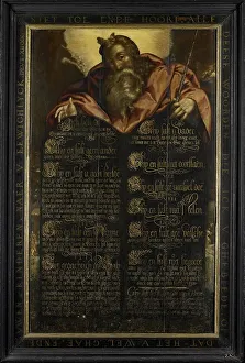 Tablets Of Stone Prints: Moses showing the Tables of the Law with the Ten Commandments in Calligraphy